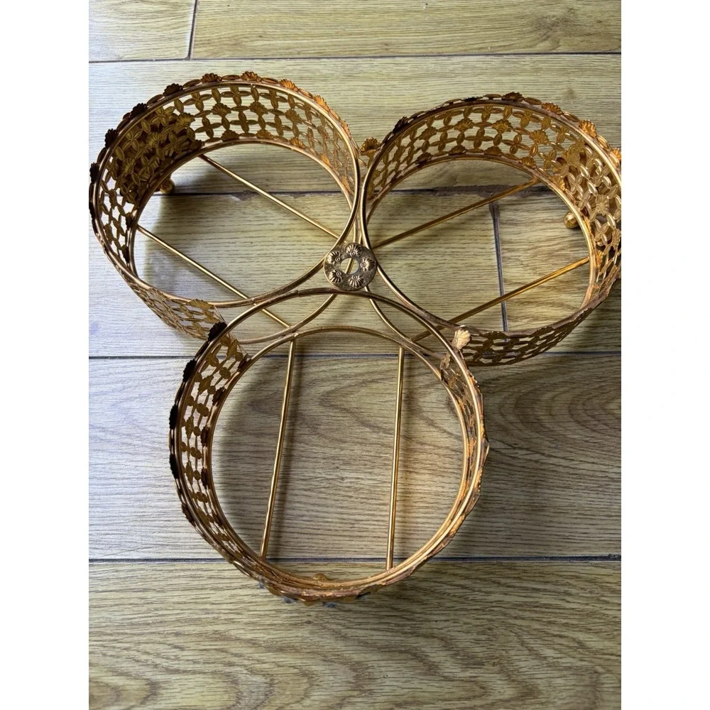 Authentic Vintage 1960s Hollywood Regency Gold Ormolu 3 Ring Caddy Display Stand